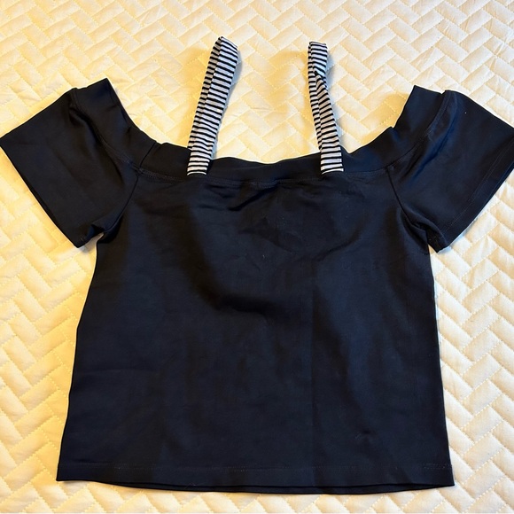 Riccio Navy Off-Shoulder Crop Top with Striped Tie Details - Picture 2 of 3